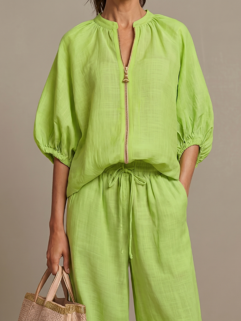 Natalia zip-front blouson top and wide-leg trouser two-piece set — front view