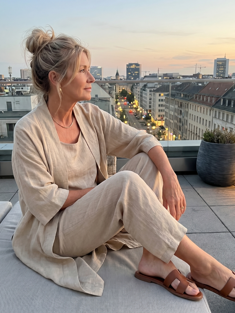 Yael duster, shell top and wide-leg trouser three-piece set — styled view