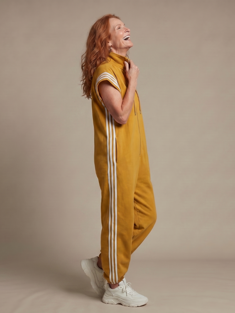 Linnet contrast-stripe zip-front utility jumpsuit — full-length view