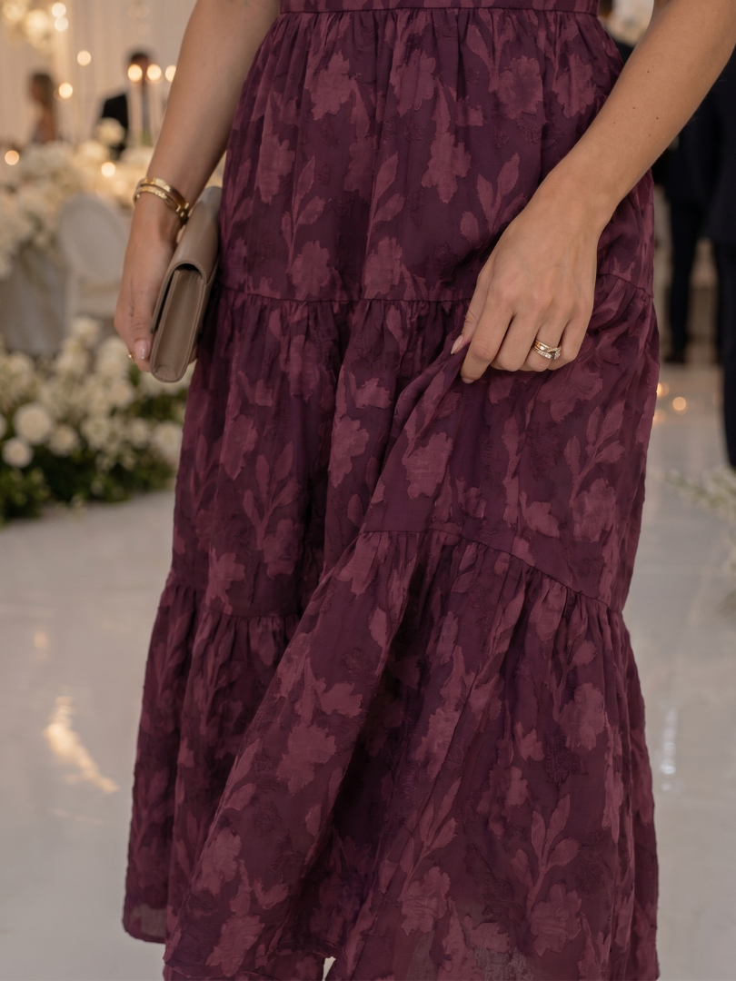 Elaria textured floral square-neck tiered midi dress — side view