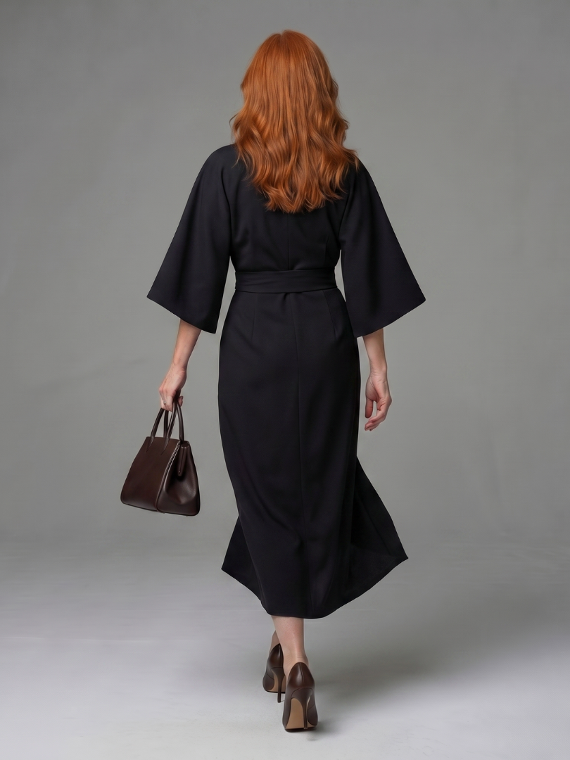 Beryl balloon-sleeve sculpted-waist wrap midi dress — back view