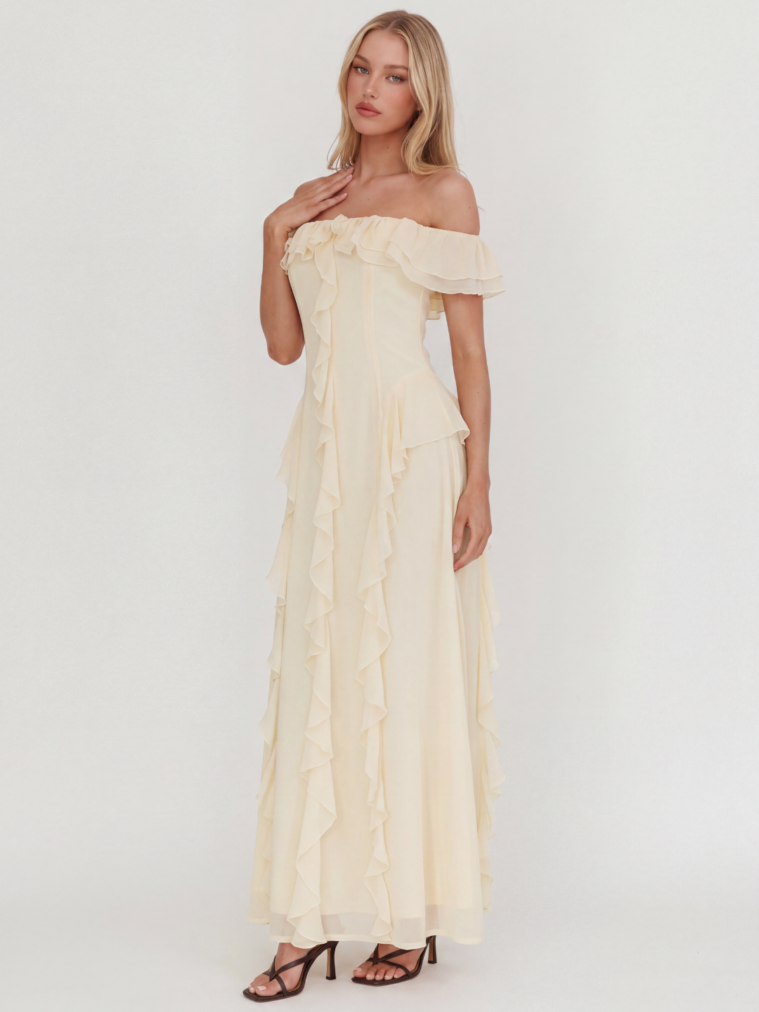 Orla off-shoulder ruffle-trim maxi dress in light yellow — front view