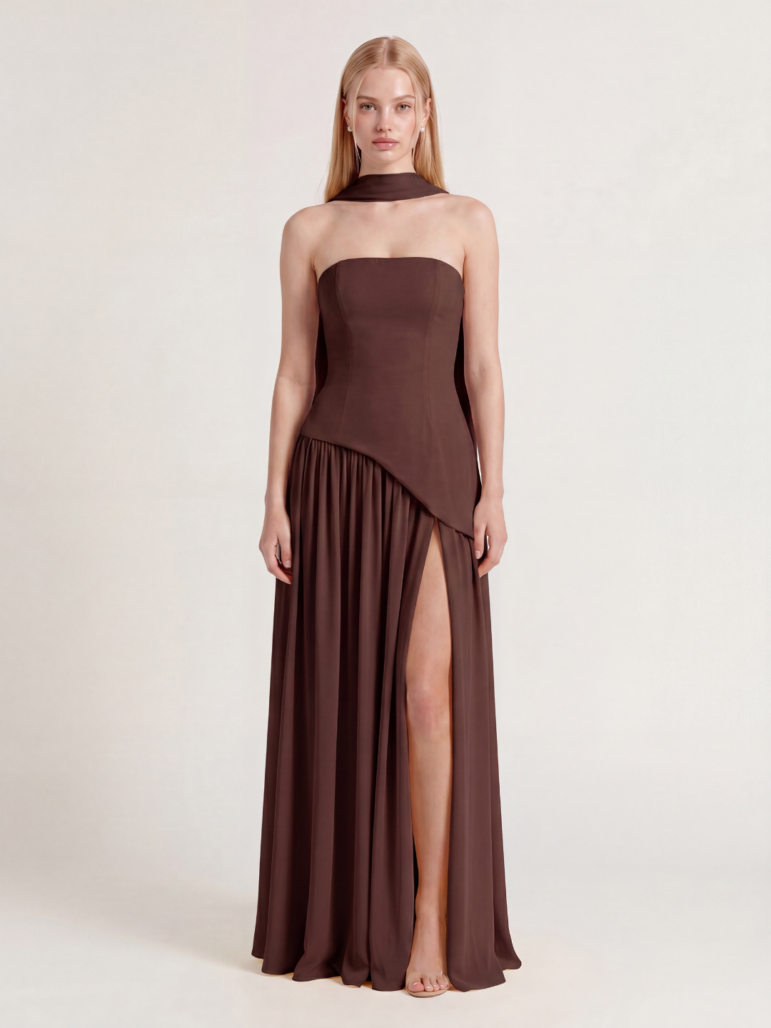Sasha strapless asymmetric contrast maxi dress in red — front view