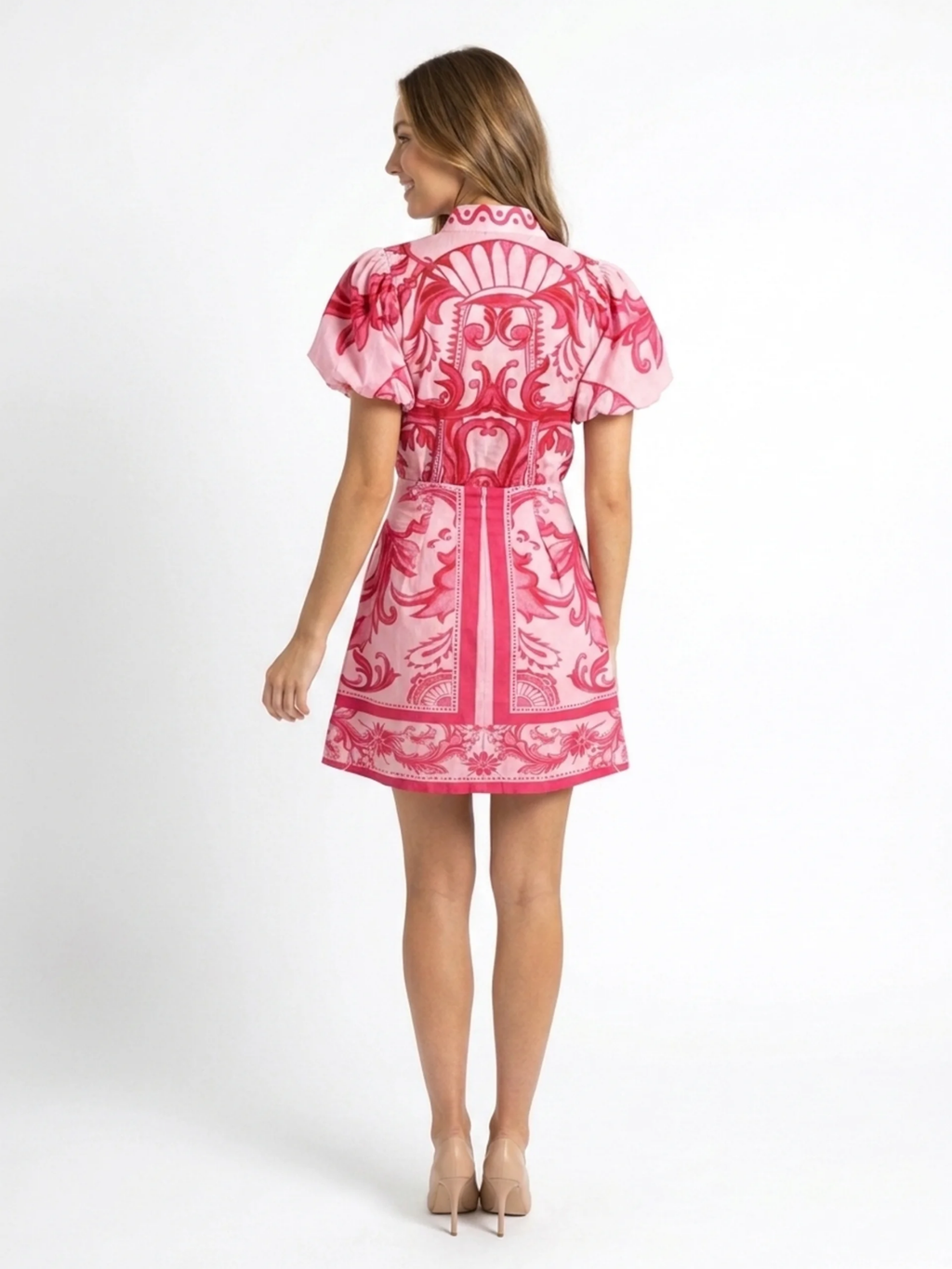 Effie floral print puff-sleeve two-piece mini set in red — back view