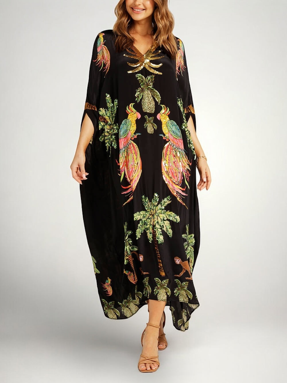 Sahara palm print drop-shoulder kaftan maxi dress — front view
