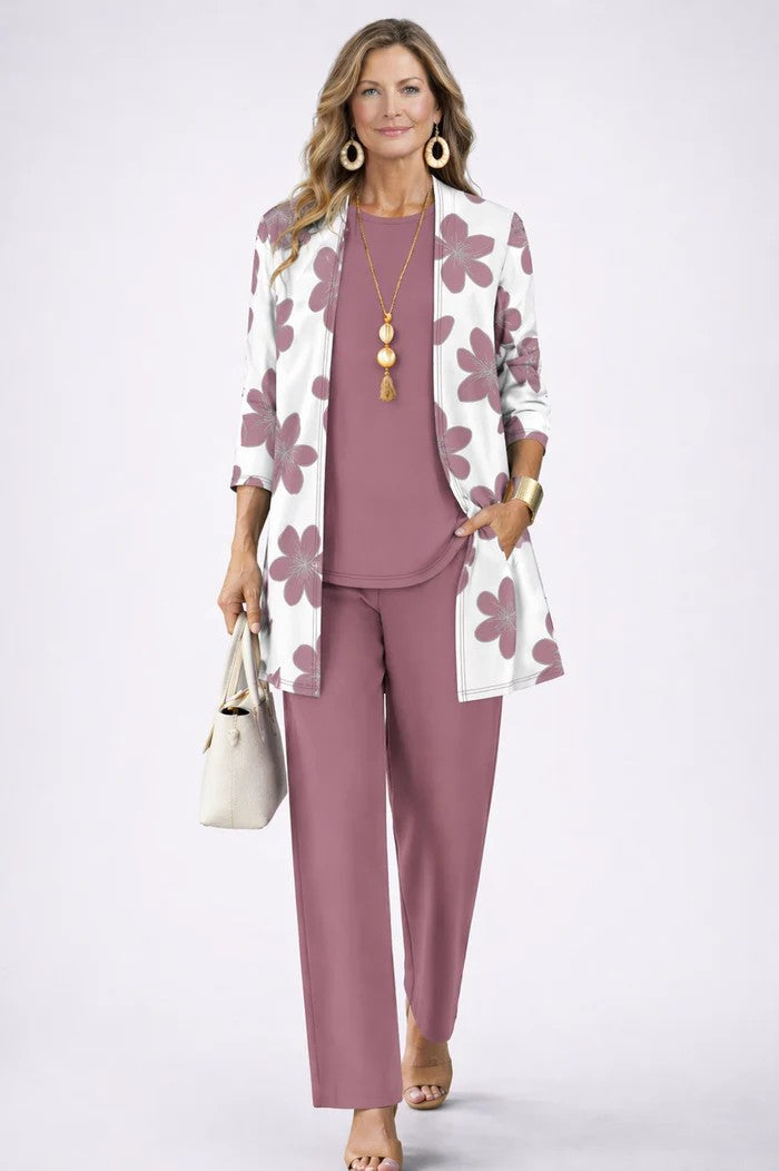 Iris printed duster, top and trouser three-piece set — full-length view