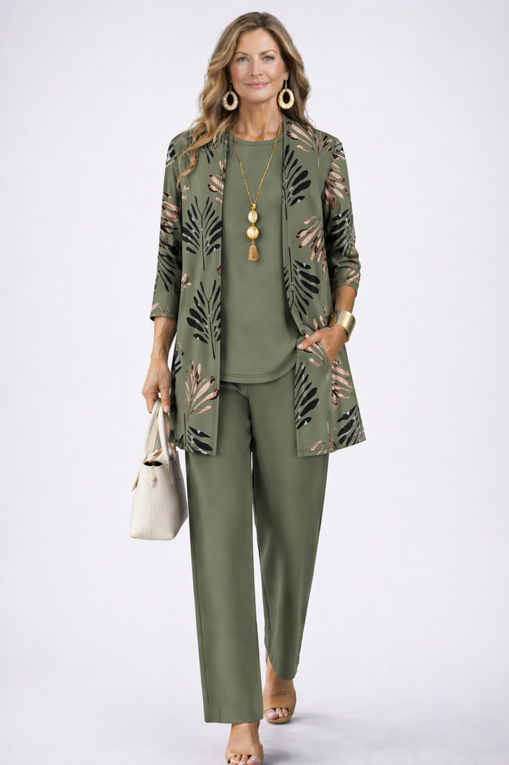 Iris printed duster, top and trouser three-piece set — back view