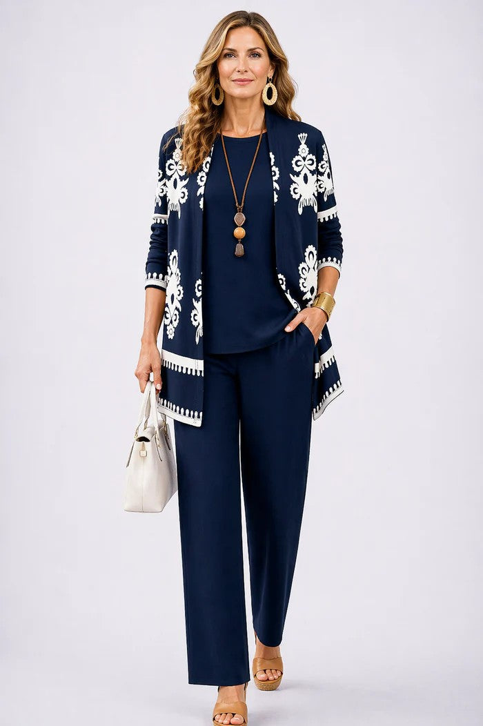 Iris printed duster, top and trouser three-piece set — back view