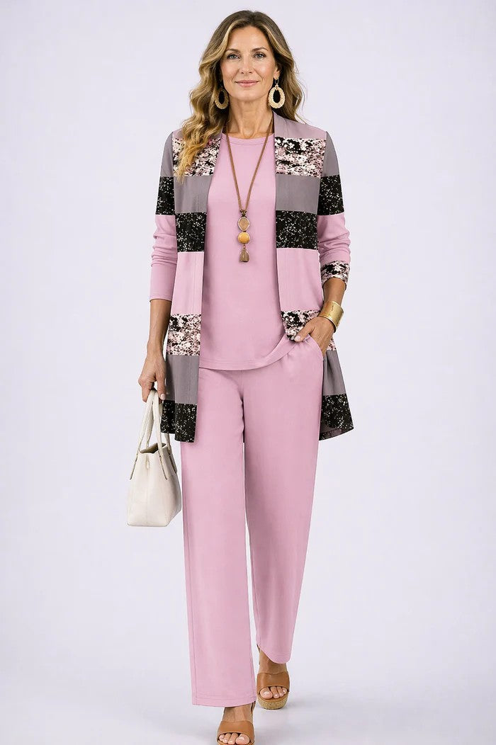Iris printed duster, top and trouser three-piece set — full-length view