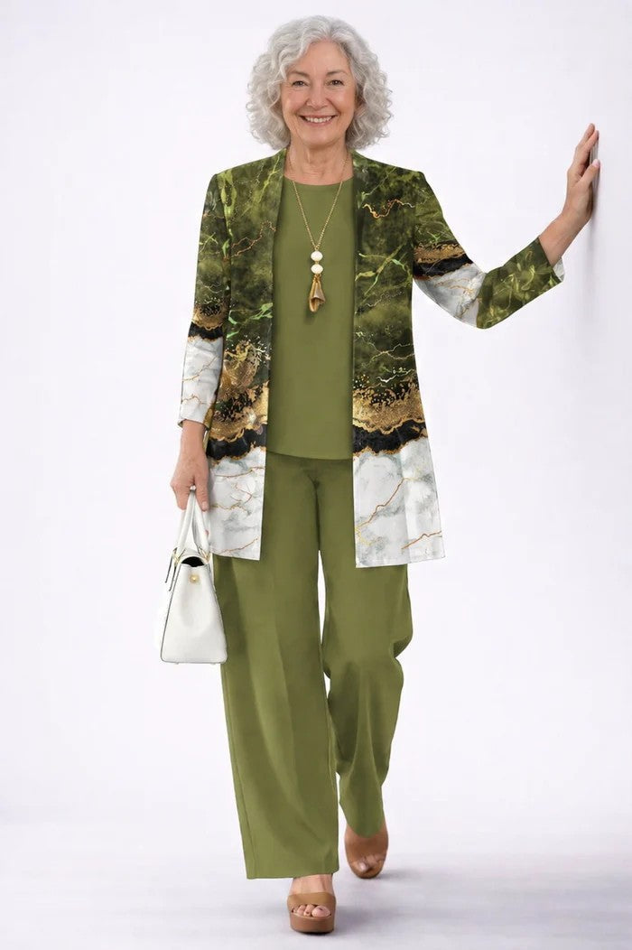 Iris printed duster, top and trouser three-piece set — front view