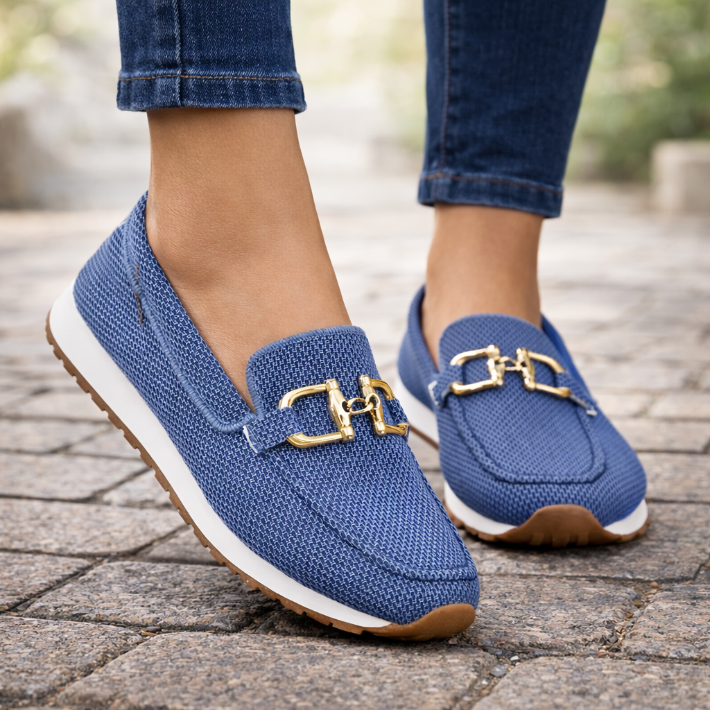 Nadia orthopedic horsebit knit loafers — styled view