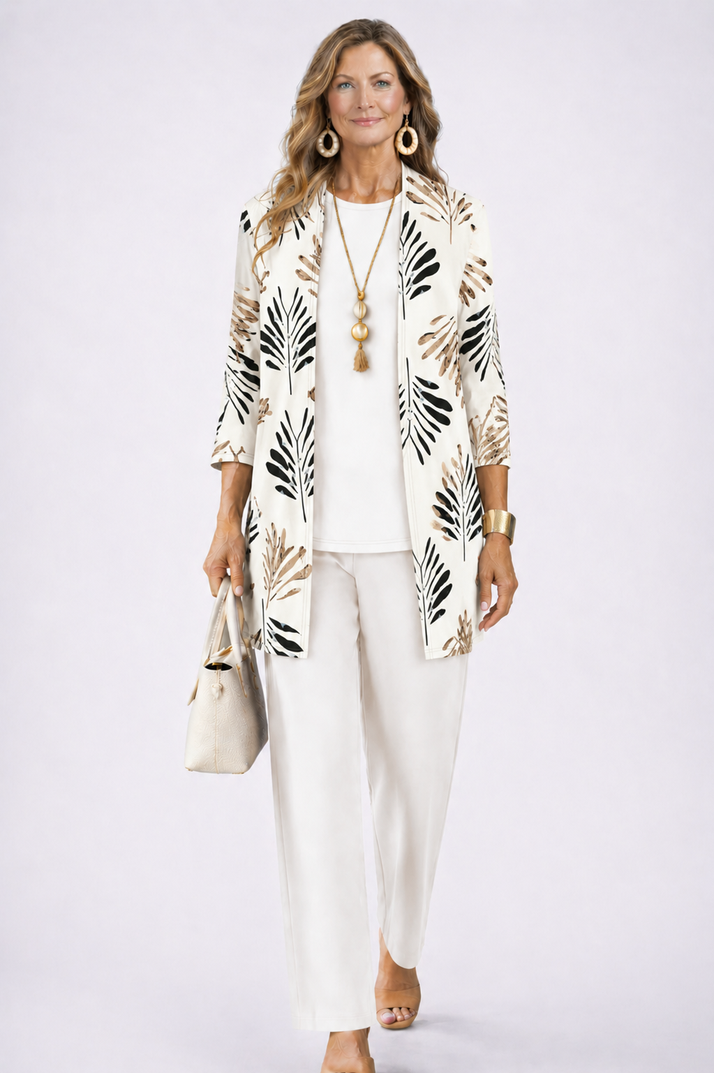 Iris printed duster, top and trouser three-piece set — back view