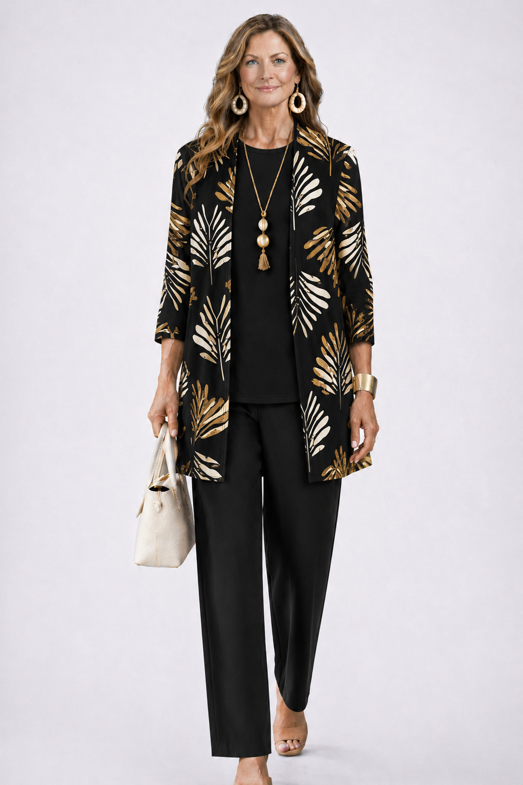 Iris printed duster, top and trouser three-piece set — side view