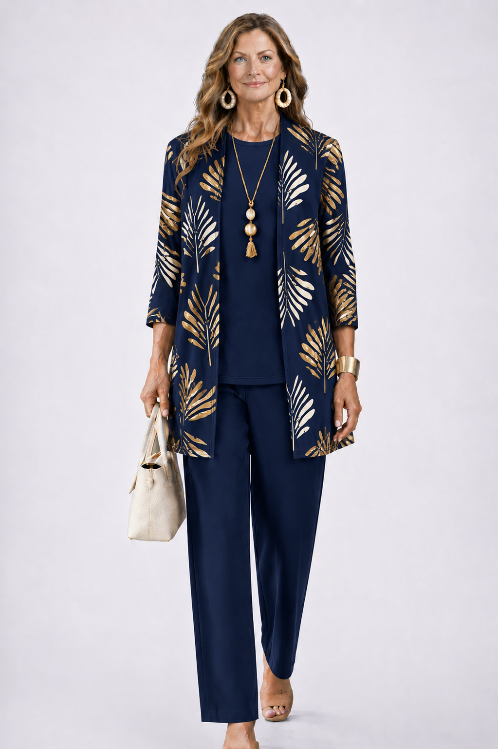 Iris printed duster, top and trouser three-piece set — detail view