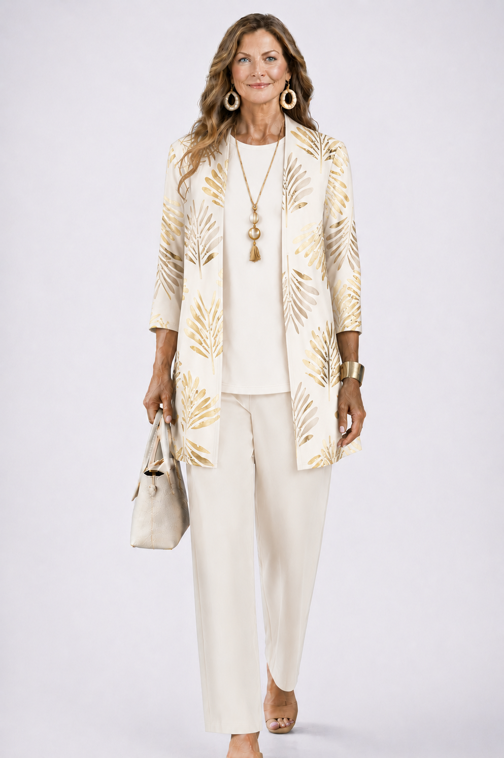 Iris printed duster, top and trouser three-piece set — styled view