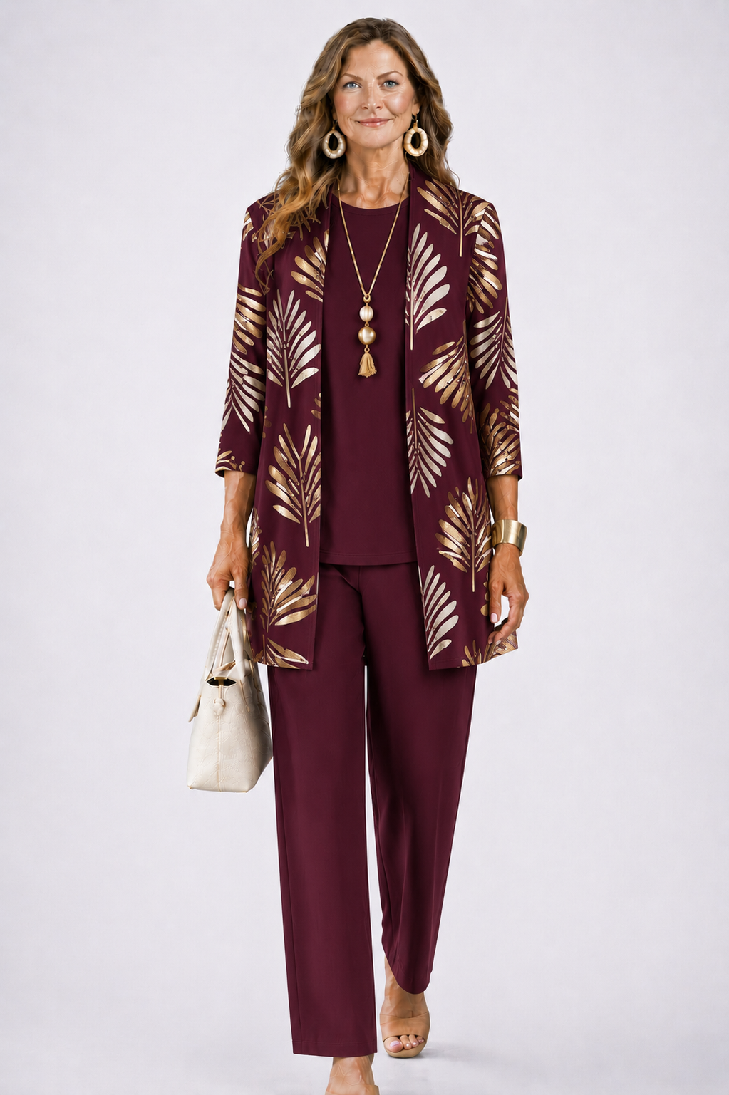 Iris printed duster, top and trouser three-piece set — full-length view