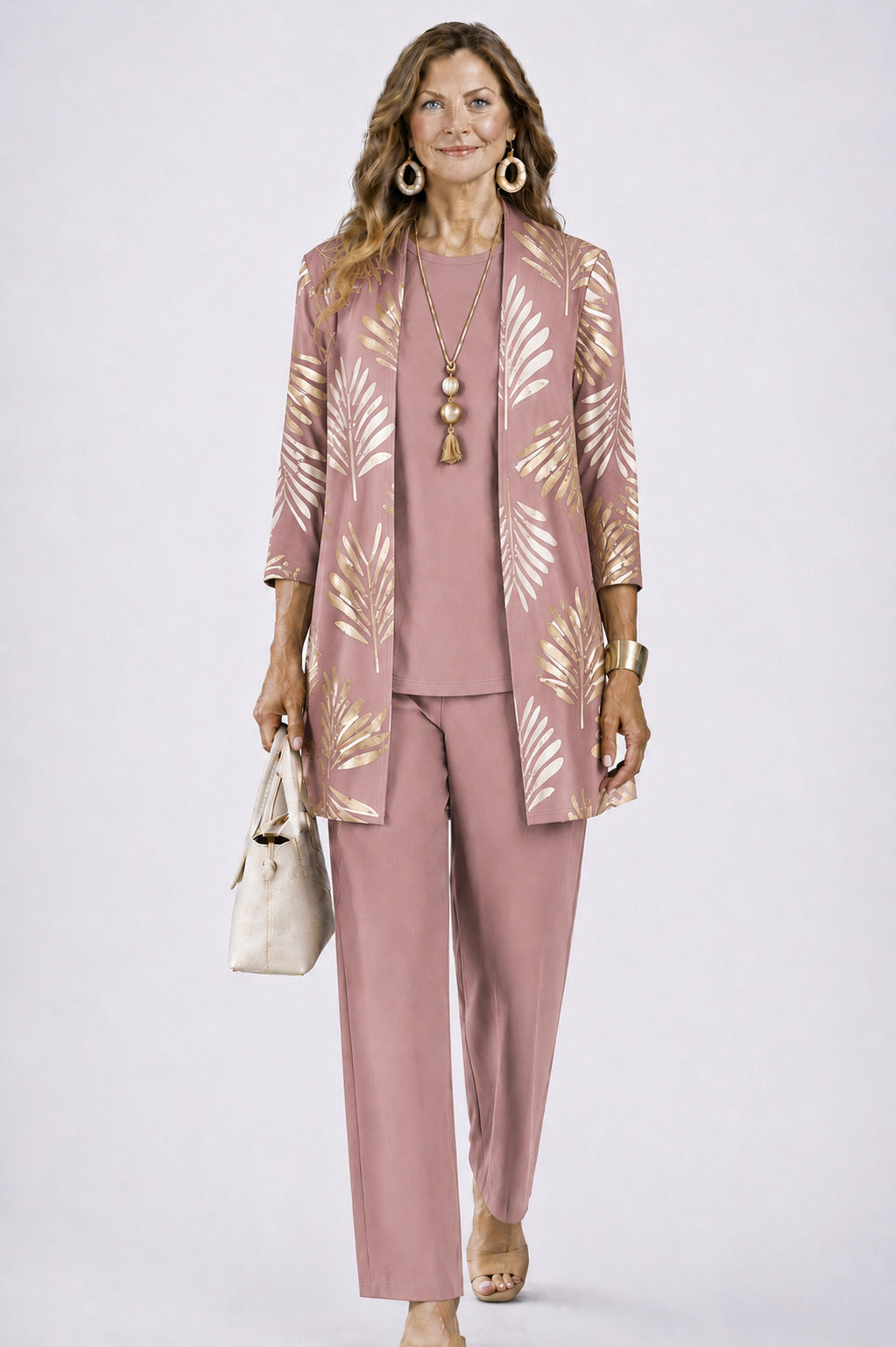 Iris printed duster, top and trouser three-piece set — front view