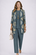Iris printed duster, top and trouser three-piece set — front view