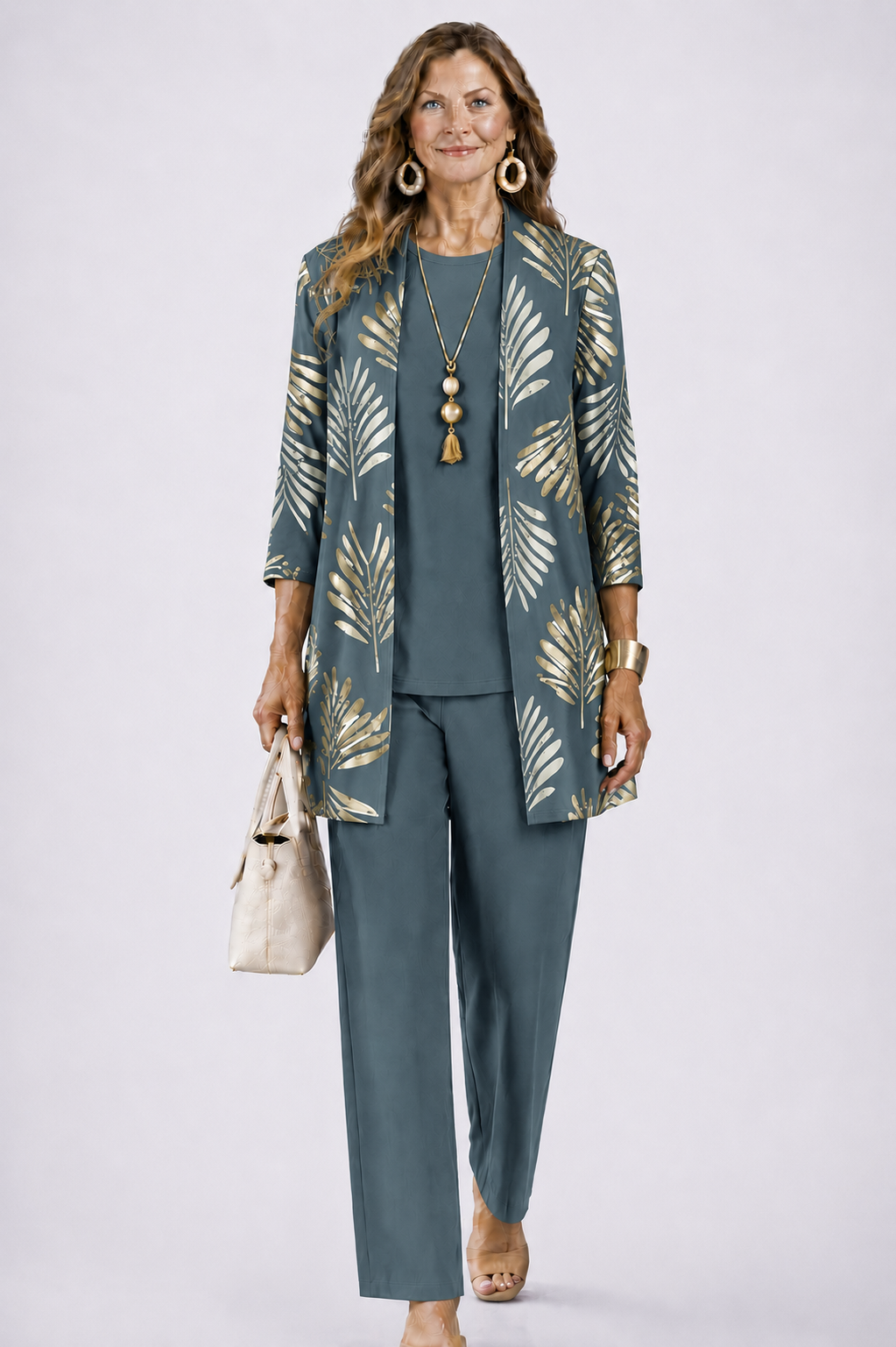 Iris printed duster, top and trouser three-piece set — front view