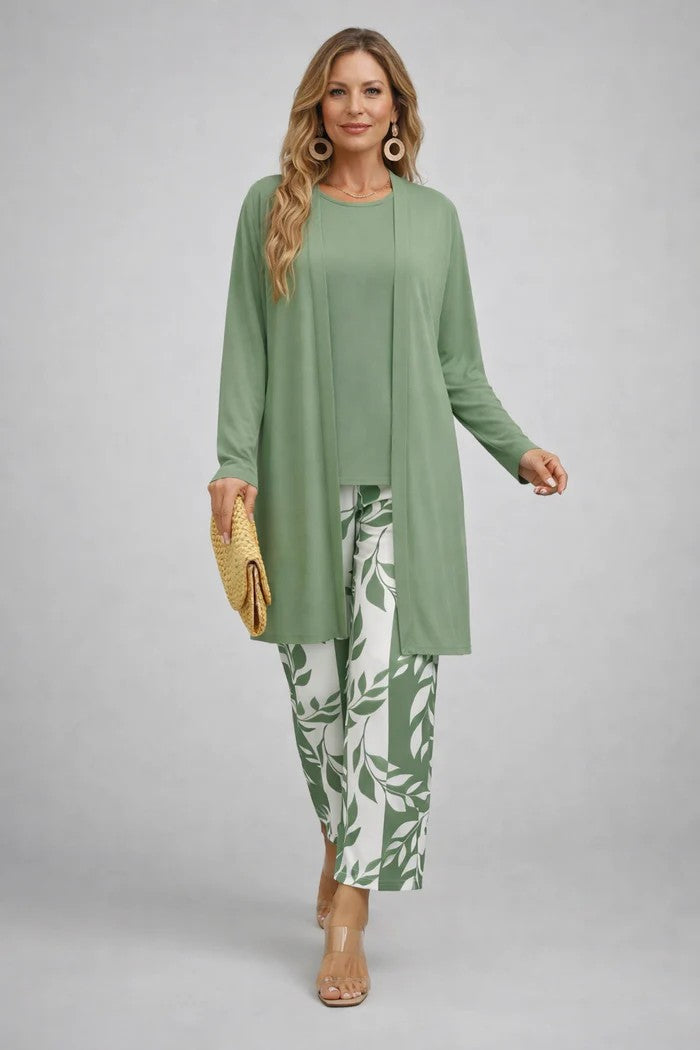 Iris printed duster, top and trouser three-piece set — detail view