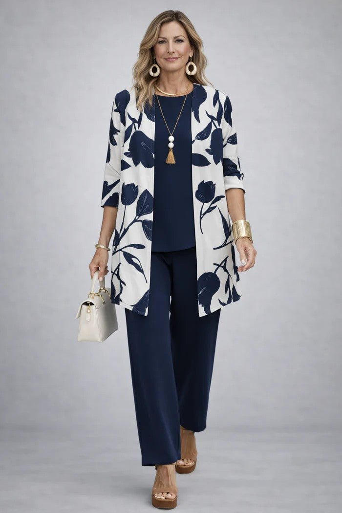 Iris printed duster, top and trouser three-piece set — side view
