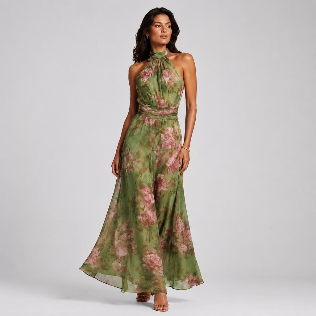 Faye | Floral Halter Neck Wedding Guest Maxi Dress
