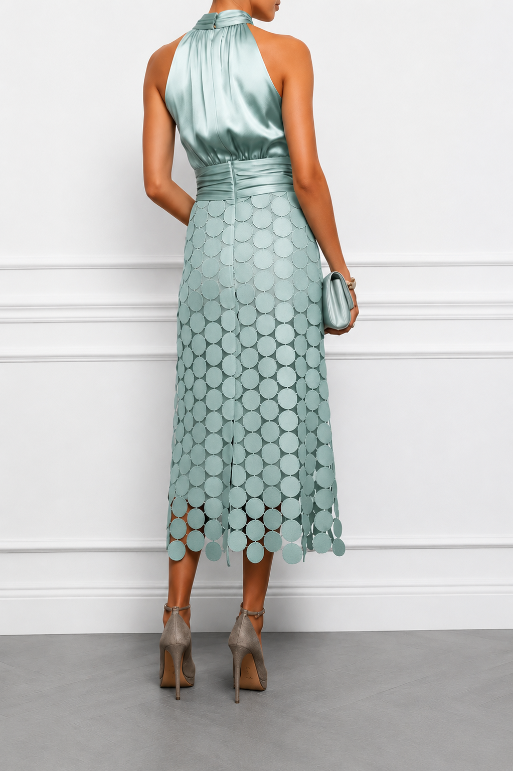 Amelie halterneck satin-finish midi dress with circle appliqué skirt — front view