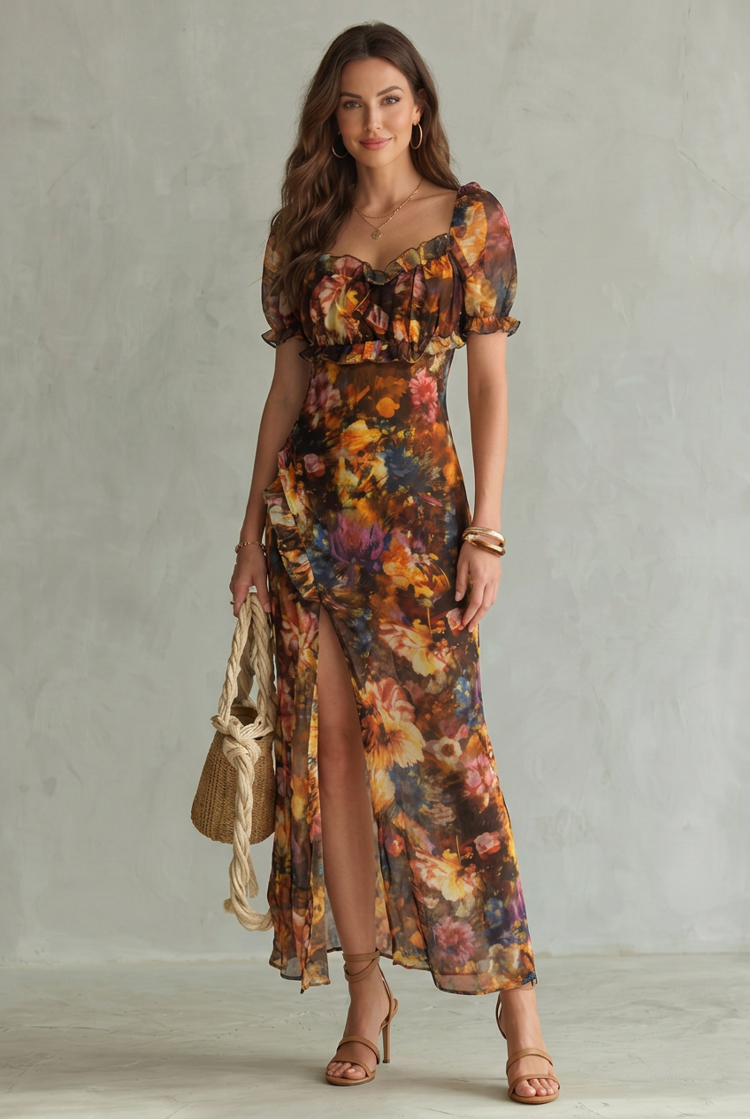Ciel floral off-shoulder ruched maxi dress with split — front view