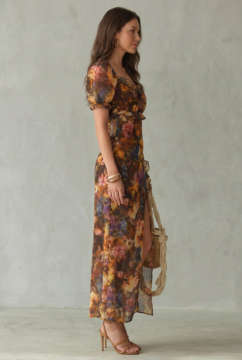 Ciel floral off-shoulder ruched maxi dress with split — back view