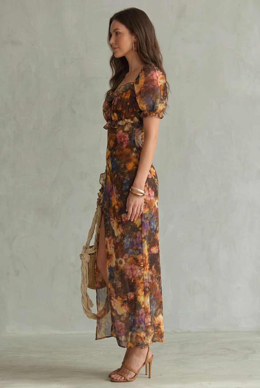 Ciel floral off-shoulder ruched maxi dress with split — detail view