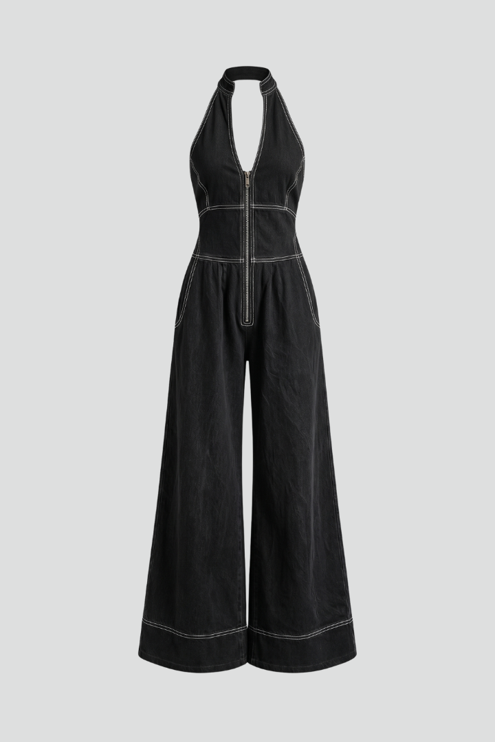 Signe contrast-stitch zip-front wide-leg jumpsuit — front view