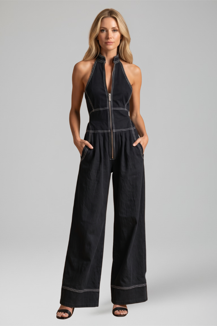 Signe contrast-stitch zip-front wide-leg jumpsuit — back view