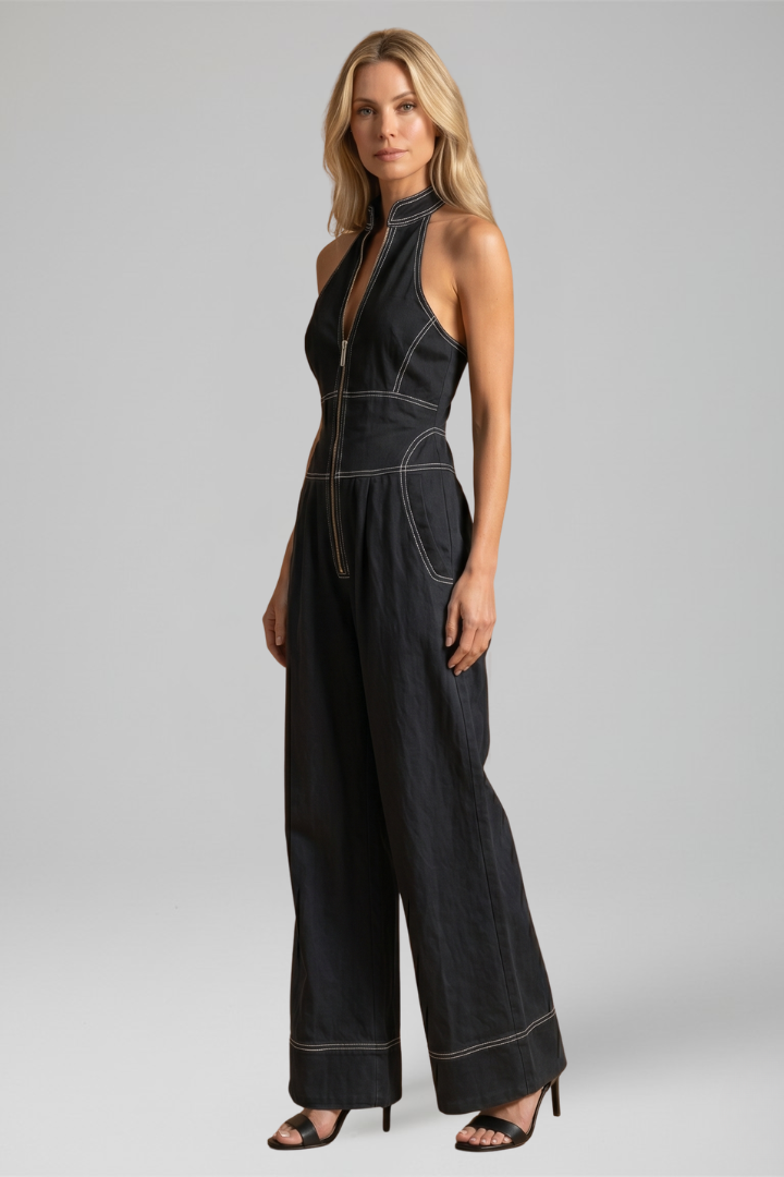 Signe contrast-stitch zip-front wide-leg jumpsuit — detail view