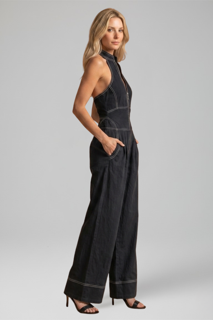 Signe contrast-stitch zip-front wide-leg jumpsuit — side view