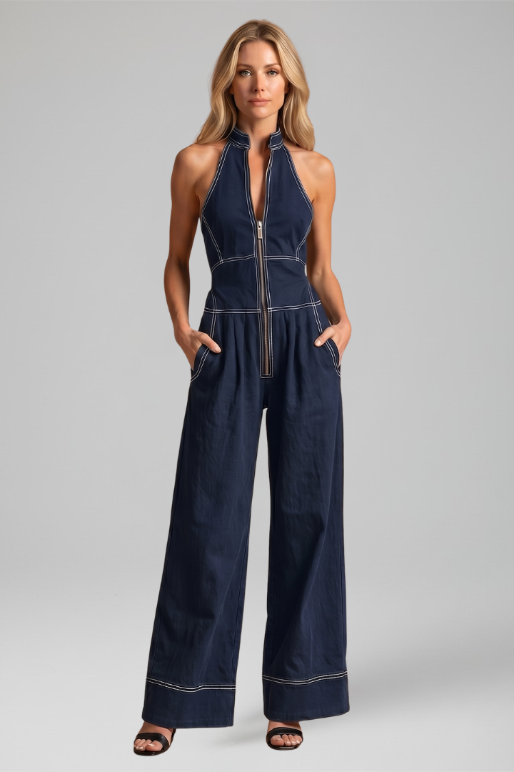 Signe contrast-stitch zip-front wide-leg jumpsuit — full-length view