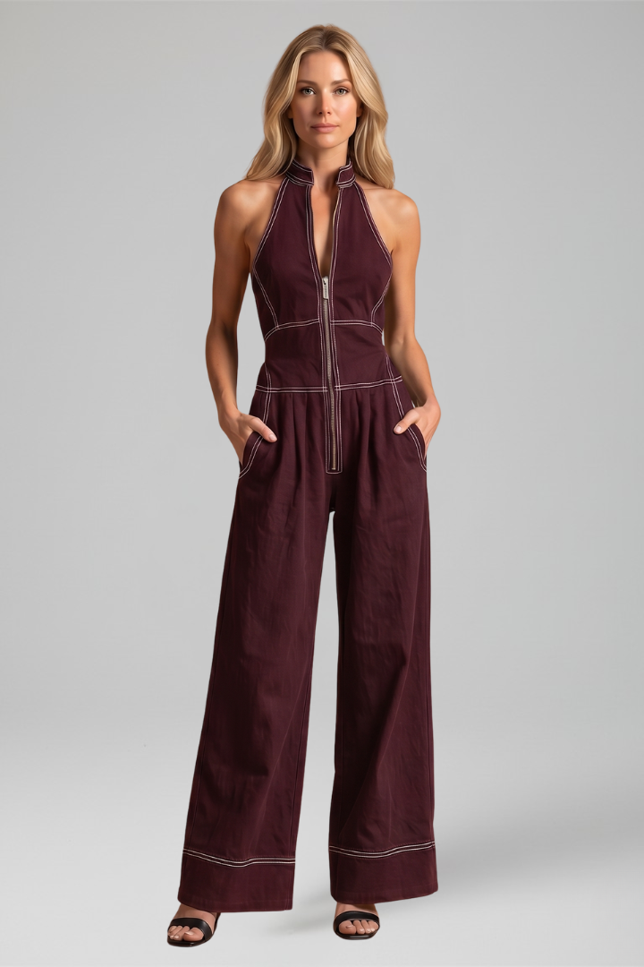Signe contrast-stitch zip-front wide-leg jumpsuit — front view