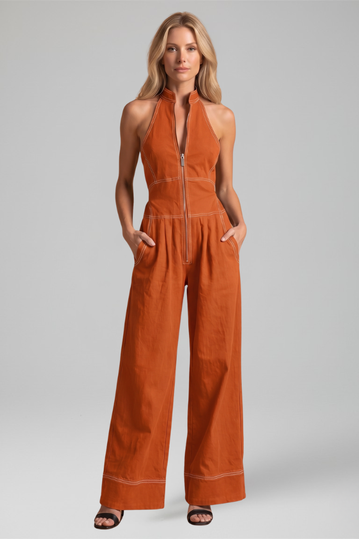 Signe contrast-stitch zip-front wide-leg jumpsuit — back view