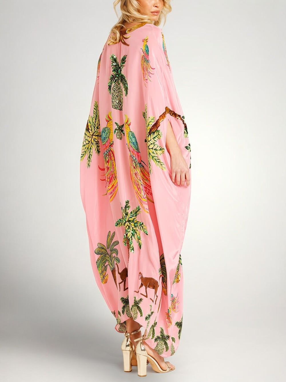 Sahara palm print drop-shoulder kaftan maxi dress — front view
