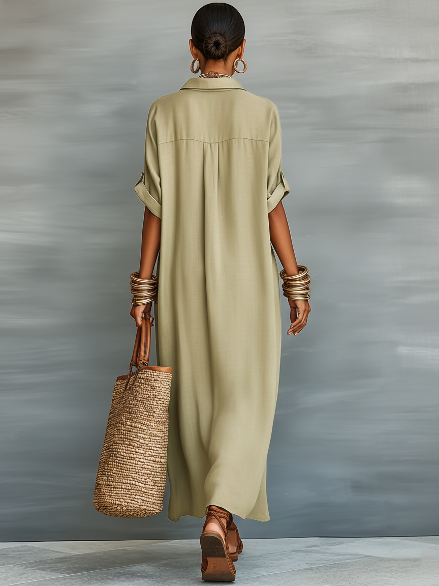 Poppy | Linen Blend Short Sleeve Resort Maxi Shirt Dress