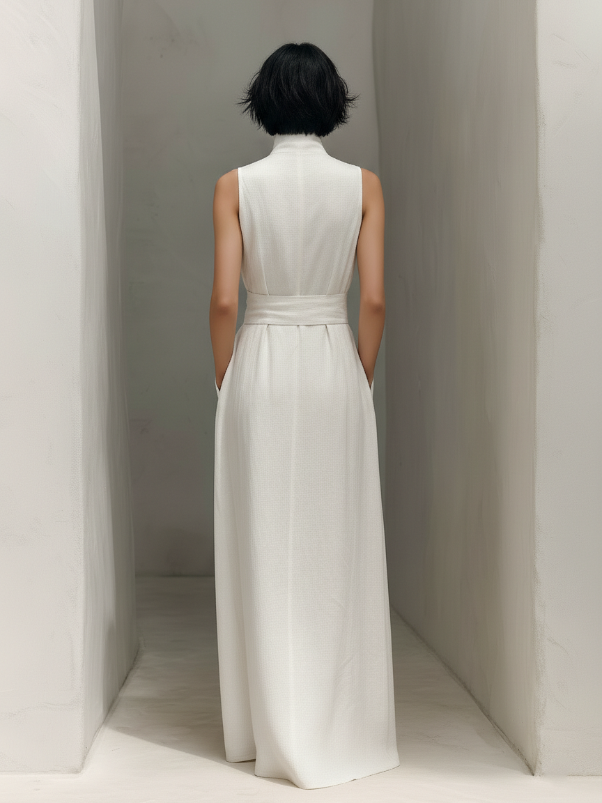 Beatrix plunge sleeveless maxi dress with sash tie — back view
