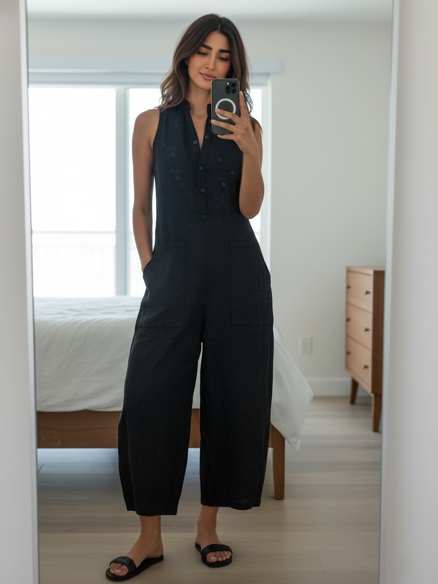 Georgia | Linen Blend Button Front Sleeveless Holiday Jumpsuit