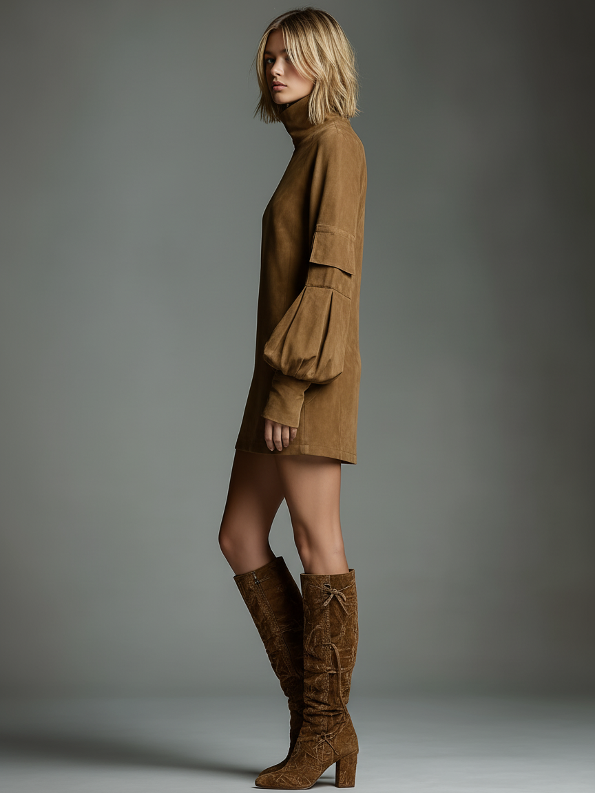Willow | Loose Fit Suede Turtleneck Mini Dress