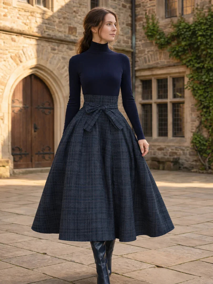 Elena turtleneck knit and plaid bow-waist skirt two-piece set — full-length view