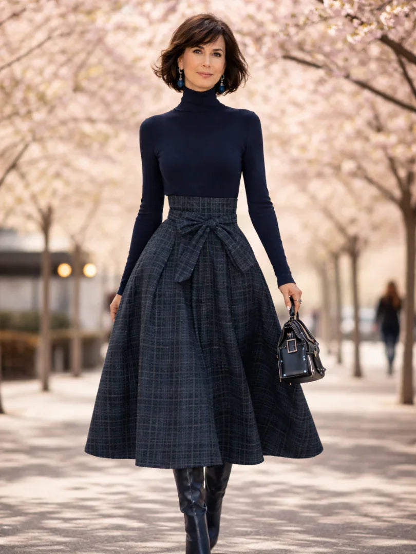 Elena turtleneck knit and plaid bow-waist skirt two-piece set — styled view