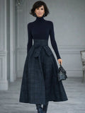 Elena turtleneck knit and plaid bow-waist skirt two-piece set — front view