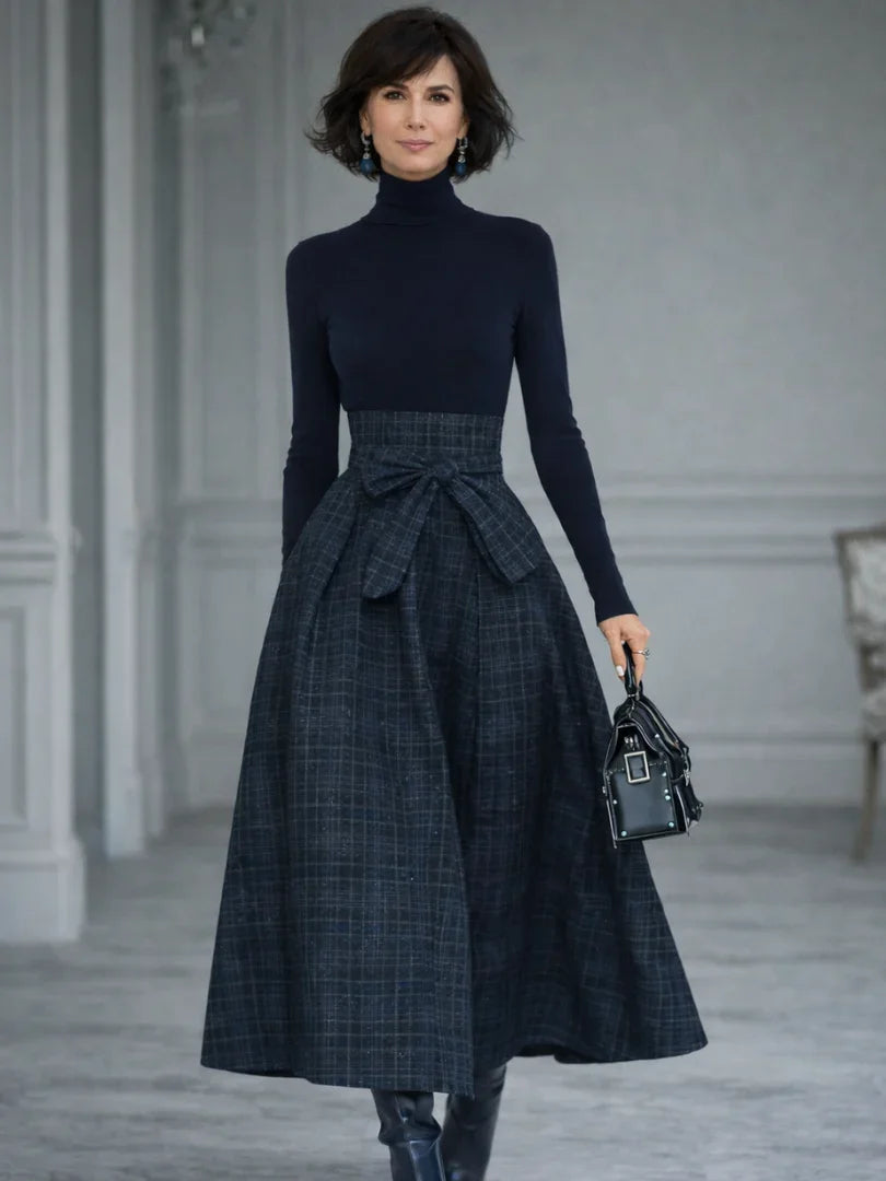 Elena turtleneck knit and plaid bow-waist skirt two-piece set — front view