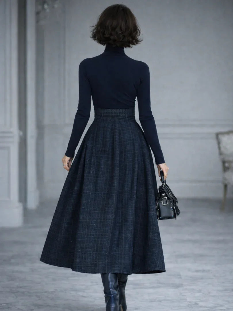 Elena turtleneck knit and plaid bow-waist skirt two-piece set — detail view