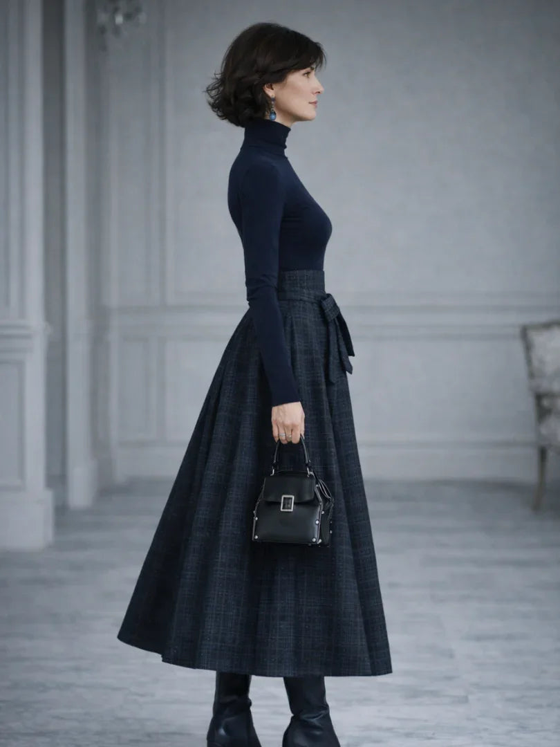 Elena turtleneck knit and plaid bow-waist skirt two-piece set — back view