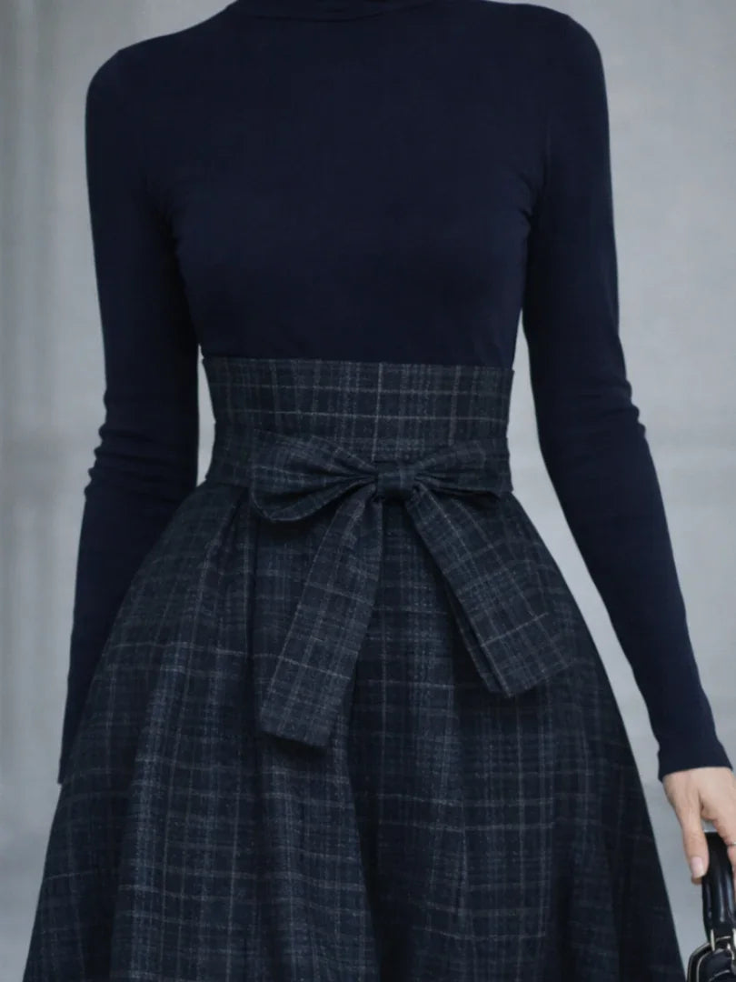 Elena turtleneck knit and plaid bow-waist skirt two-piece set — side view