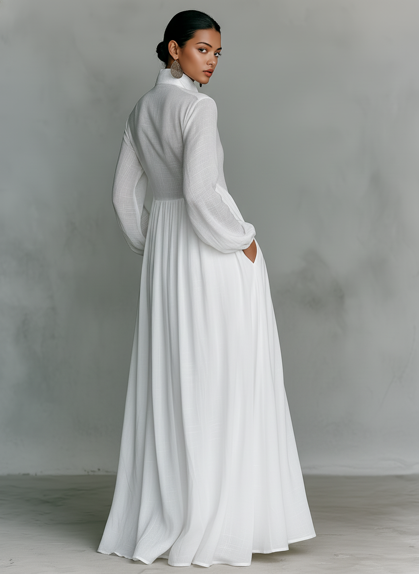 Elsie | Cotton Linen Patchwork Long Sleeve Maxi Shirt Dress